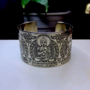 Five Buddha Carved White Metal Bracelet