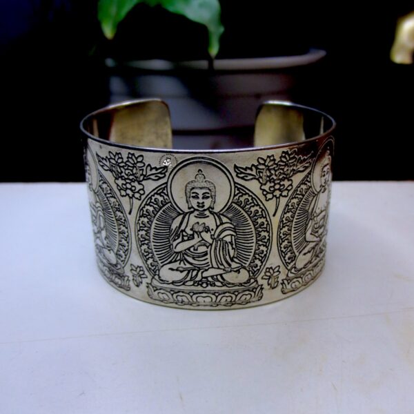 Five Buddha Carved White Metal Bracelet