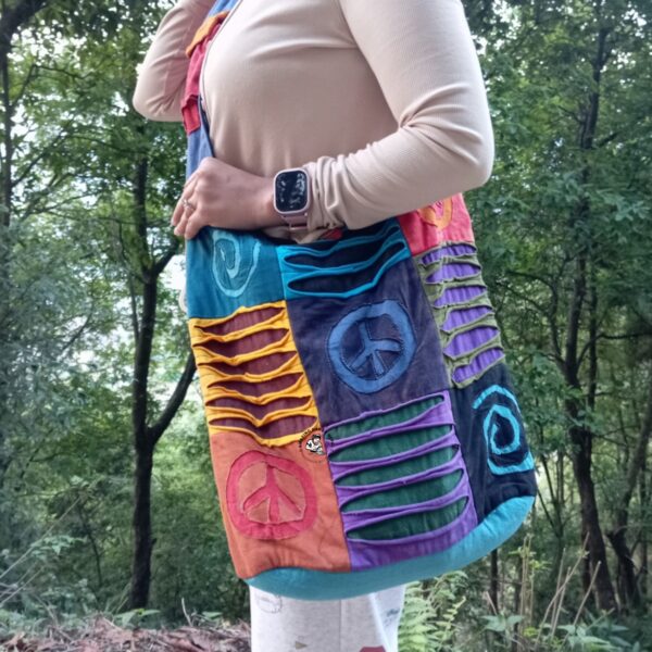Peace and Spiral Patched Shoulder Cotton Bag