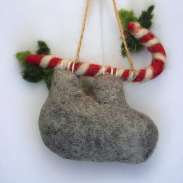 Felted Candy Cane Sloth Ornament