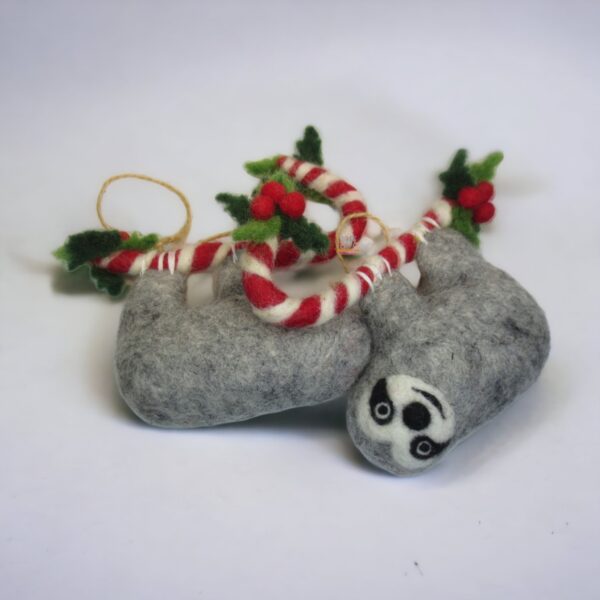 Felted Candy Cane Sloth Ornament