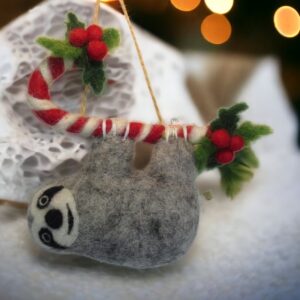 Felted Candy Cane Sloth Ornament