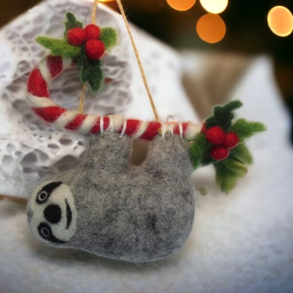 Felted Candy Cane Sloth Ornament