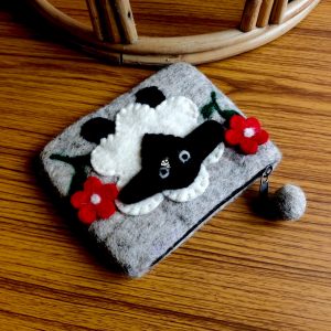 Wool Felted Sheep and Flower Patched Felted Purse