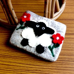 Wool Felted Sheep and Flower Patched Felted Purse