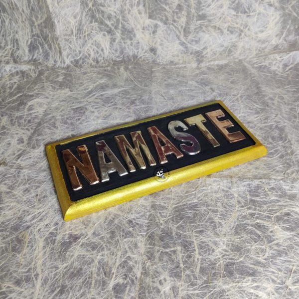 Handmade Wooden Namaste Plaque Brass Copper Inlay Nepal