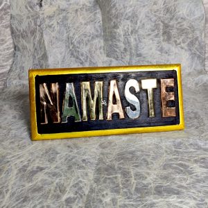 Handmade Wooden Namaste Plaque Brass Copper Inlay Nepal
