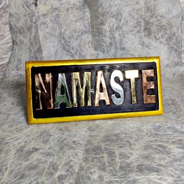 Handmade Wooden Namaste Plaque Brass Copper Inlay Nepal