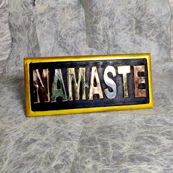 Handmade Wooden Namaste Plaque Brass Copper Inlay Nepal