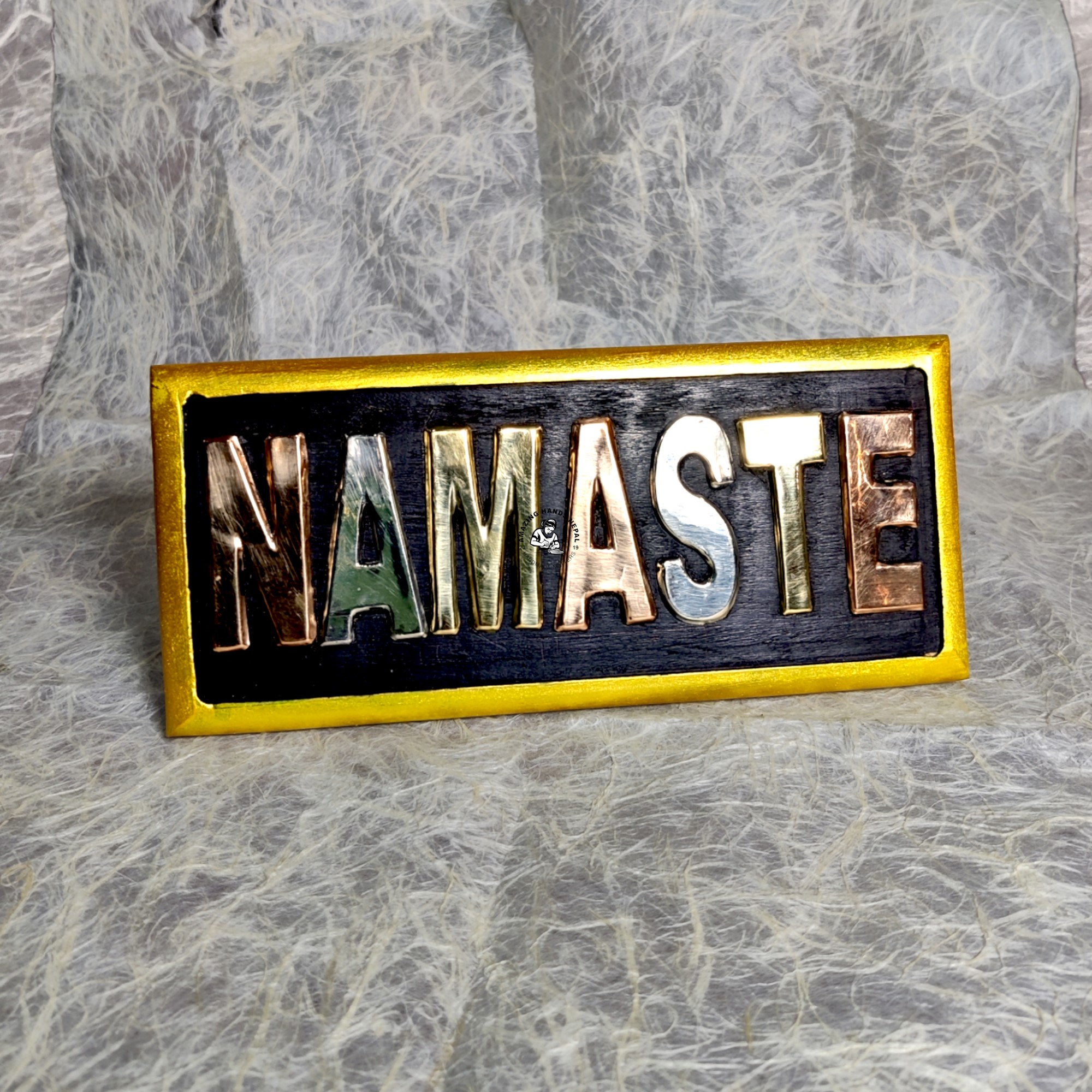 Handmade Wooden Namaste Plaque Brass Copper Inlay Nepal