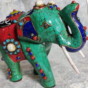 Handcrafted Wooden Elephant Statue With Beads and Stone Inlay