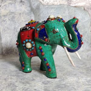 Handcrafted Wooden Elephant Statue With Beads and Stone Inlay