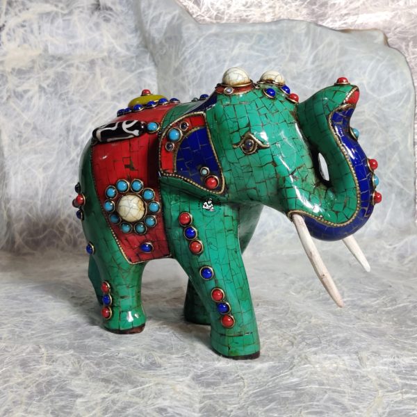 Handcrafted Wooden Elephant Statue With Beads and Stone Inlay