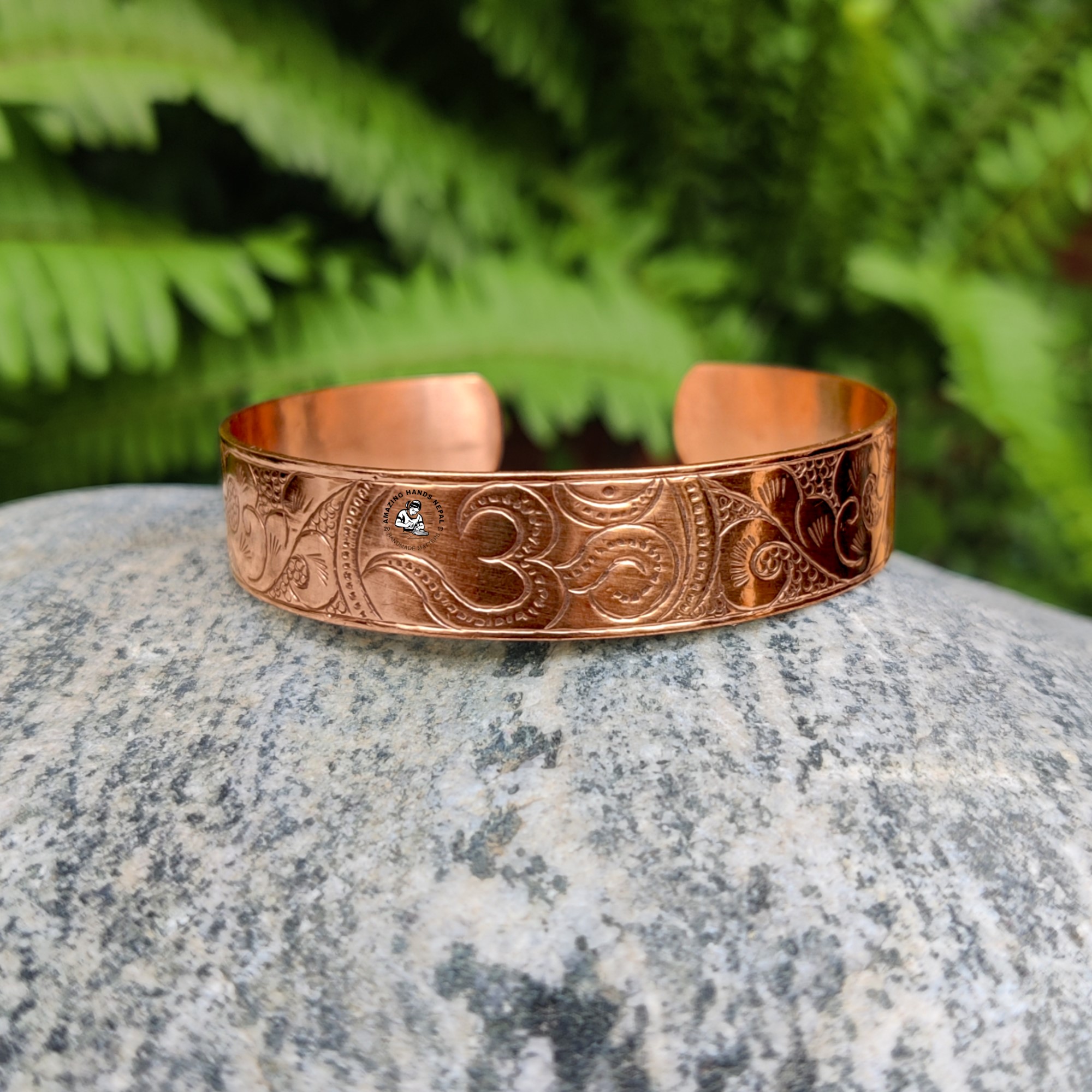 Hindu Om Carved Copper Flower Bracelet